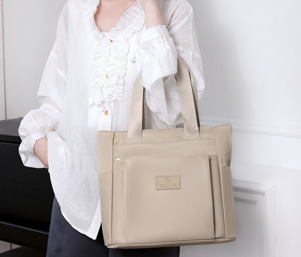 Beige Everyday Tote Bag lifestyle with CHANCE logo