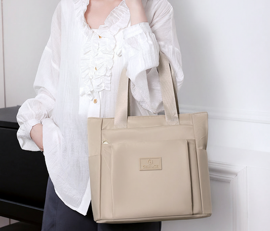 Beige Everyday Tote Bag lifestyle with CHANCE logo