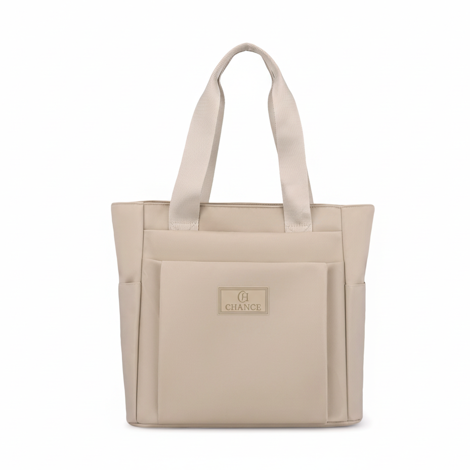 Beige Everyday Tote Bag with exact CHANCE logo design