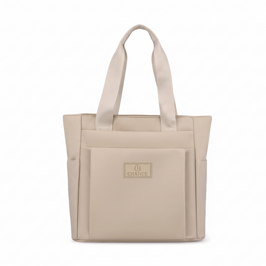 Beige Everyday Tote Bag with exact CHANCE logo design